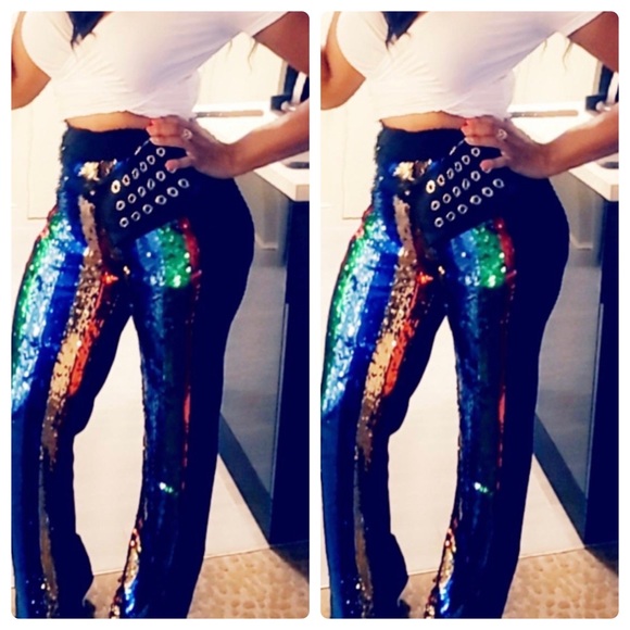 *SOLD* Rainbow sequin flare pants size S - Picture 5 of 9